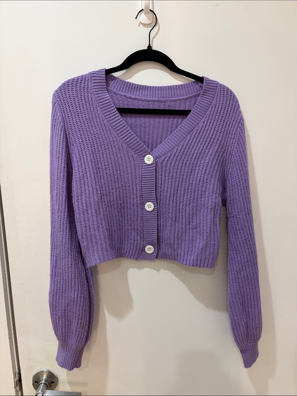 Cropped Lavender V-Neck Button Cardigan Sweater